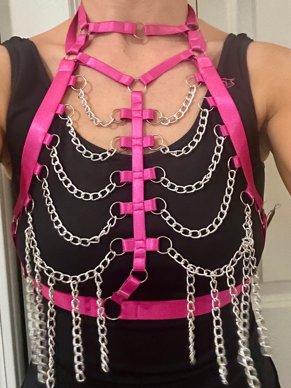 Sexy Pink Satin Chest Harness with Silver Chain Fringe